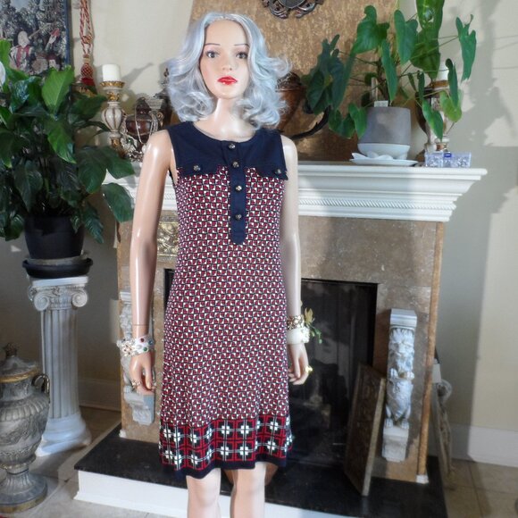 Tory Burch Silk/Wool Navy Blue/Red/White Print Sheath Dress Size XS - Picture 3 of 16